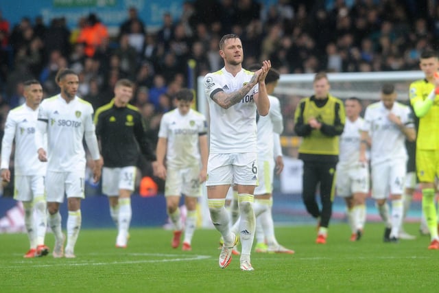 Whites captain Liam Cooper leads from the front in applauding his club's fans with a first win of the Premier League season safely in the bag.