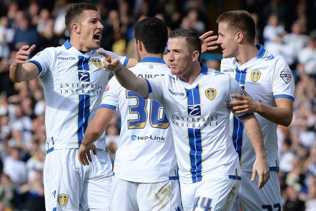 Ross McCormack celebrates scoring Leeds United's opening goal. He guided a shot into an empty net after a poor clearance from a long ball by Birmingham City goalkeeper Darren Randolph.