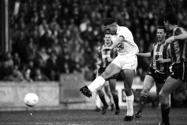 Vinnied Jones fires towards goal during Leeds United's clash with Bradford