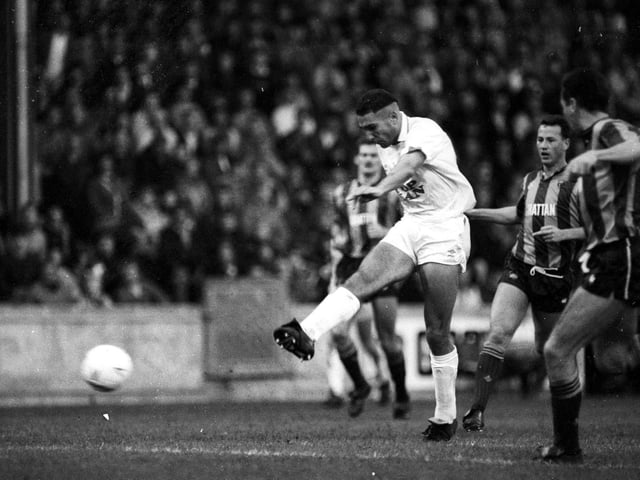 Vinnied Jones fires towards goal during Leeds United's clash with Bradford