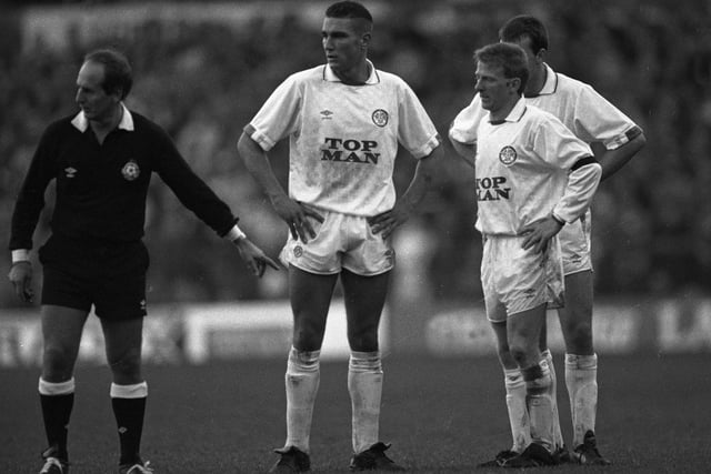 Vinnie Jones, Gordon Strachan and Mike Whitlow plan for a free-kick against Bournemouth at Elland Road in November 1989. The Whites won 3-0.
