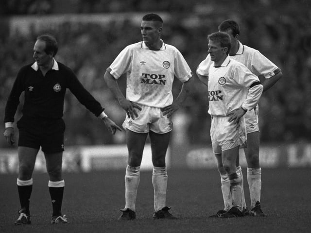 Vinnie Jones, Gordon Strachan and Mike Whitlow plan for a free-kick against Bournemouth at Elland Road in November 1989. The Whites won 3-0.