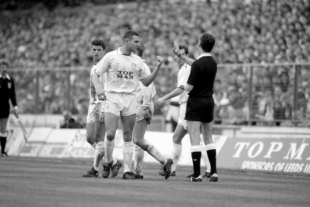 Vinnie Jones lets the referee know that he thinks during Leeds United's 1-1 draw with Bradford City at Elland Road in April 1990.