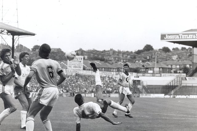 Vinnie Jones tries an overhead kick during a pre-season friendly against Anderlecht at Elland Road in July 1989.