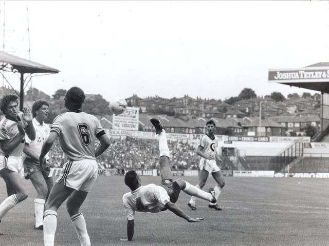 Vinnie Jones tries an overhead kick during a pre-season friendly against Anderlecht at Elland Road in July 1989.