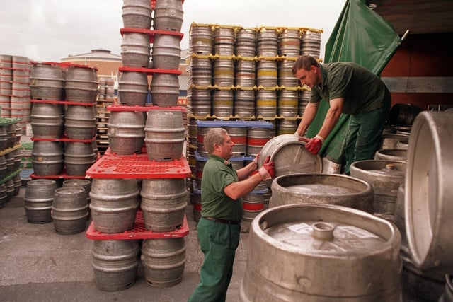 Draymen loading up the barrels at Carlsberg Tetleys Leeds brewery.