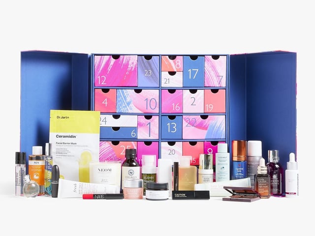 John Lewis Beauty Advent Calendar 2021 worth over £600, with Dr. Jart+, Sunday Riley, Neom, Charlotte Tilbury, Elemis, Hourglass, 12 full size products. Costs £159