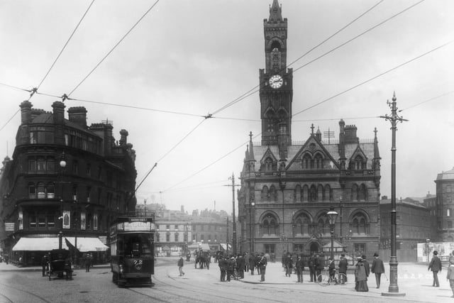 Bradford Town Hall and Market Street, circa 1900.