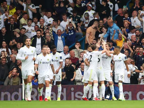 Leeds United's celebrate at Elland Road following a goal against Everton. Pic: Getty