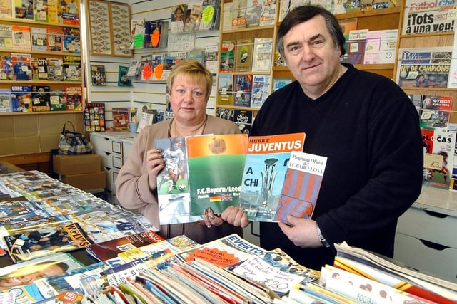 Phil Beeton and Wendy Fulthorpe inside the Leeds United programme shop at Elland Road which has to close in March 2006.