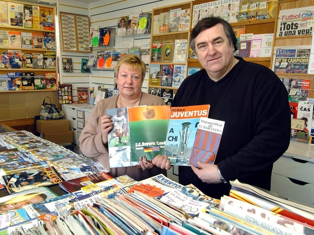 Phil Beeton and Wendy Fulthorpe inside the Leeds United programme shop at Elland Road which has to close in March 2006.