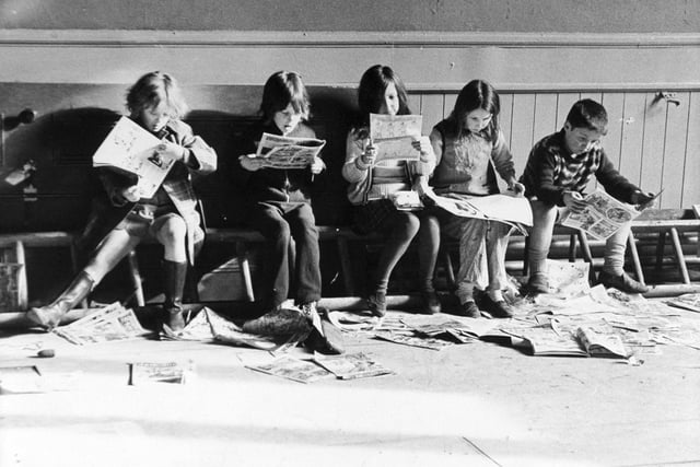 Pupils reading comics at Leeds Free School in February 1973.