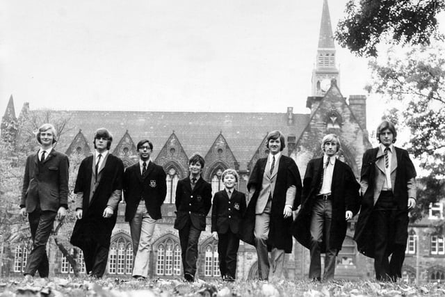 Speech day at Leeds Grammar School in October 1973. Pictured, from left, Martin Francis, Geoffrey Bellamy, Chotai Sanjay, Robert Brakewell, Jonathan Harcourt, Bob Nowill, Peter Levine and Ian Bosley.