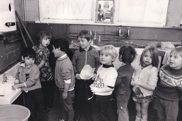 The long, long queue for the two basins where 70 pupils at Beeston Hill St Luke's Primary School must wash their hands in January 1974. Plans for a redevelopment at the time were shelved.