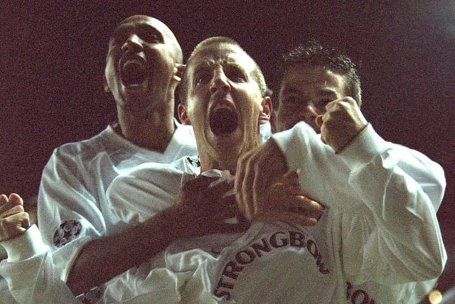 Lee Bowyer celebrates his goal with teammates Olivier Dacourt (left) and Ian Harte.