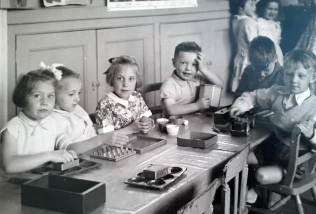 Normanton Common Infants School about 1958. From left Janet Hirst, Joy Richards, Jennifer Archer, William Patchett, Dennis Fradgley, Sidney Jones, Jacqueline Kelly, Gloria Holmes, Christine Bednall. (Shared by Janet Yarrow)