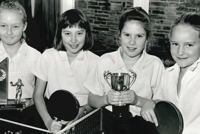Sandal Endowed Middle School. The winning under 11 girls table tennis team. Published in the Wakefield Express 14.12.1990. Photo supplied by Wakefield Libraries.