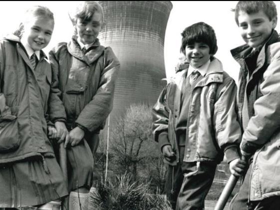 Walton School pupils plant tress at Wakefield Power Station in 1990.