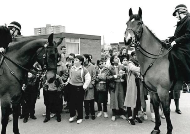Lawefield Lane Middle School, police horses visit the school, 1989.