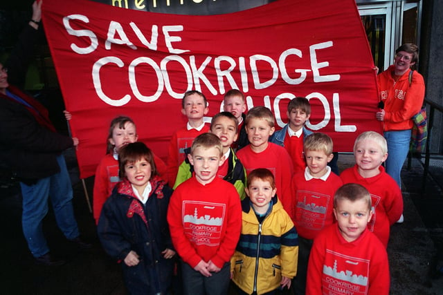 Parents and children from closure threatened Cookridge School handed in a petition at Merrion House.