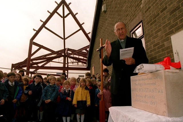 Bishop of Leeds, the Right Rev. David Konstant, blesses the foundation stone the new St. Benerdict's Church in Garforth in October 1997.