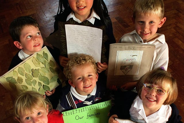 Pupils of Ninelands Lane Primary with some of the work they showed during school assembly. Pictured, back from the left, is Andrew Russell, Mia Tany and Jonathon Butterfield. Front, from left, is Stacey Goodall, Joshua Fletcher and Kaye Coupland.
