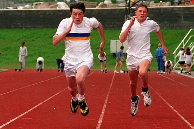 Garforth Community College pupil Ben Leach wins the final of the Leeds Sprint Challenge in July 1997.