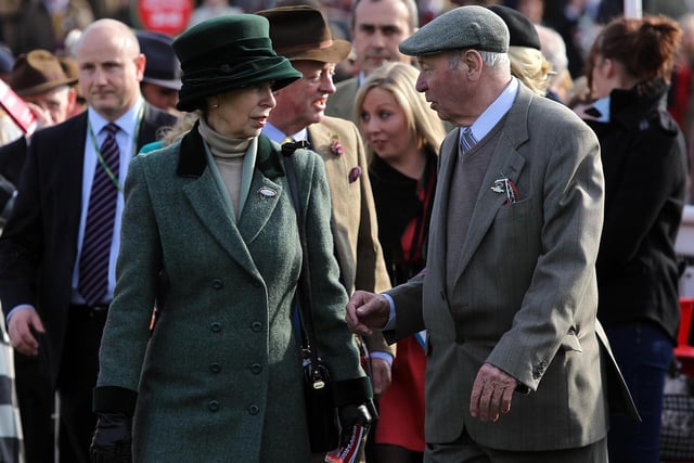 Princess Anne speaks to Trevor Hemmings after he had a winner at Cheltenham with Albertas Run in the Ryanair Chase.