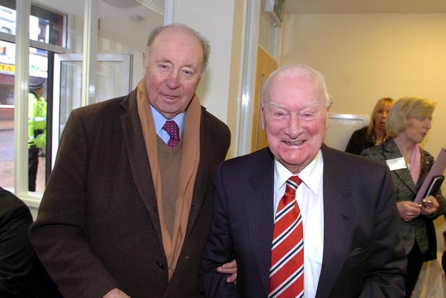 Trevor Hemmings stands alongside Sir Tom Finney as Princess Anne made a visit to open the new Preston Carers Centre.