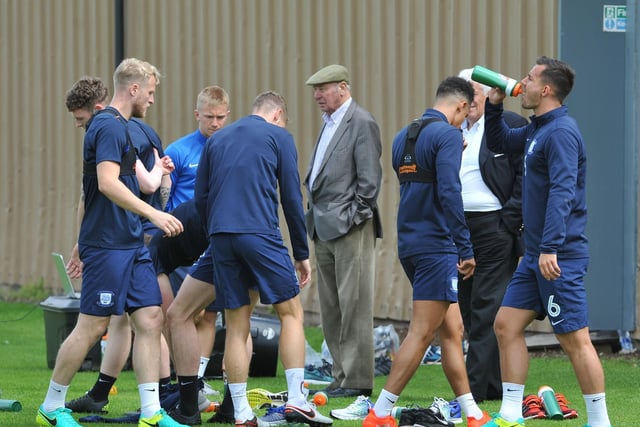 In one of his regular trips to the training ground, Trevor Hemmings watches on as PNE train.