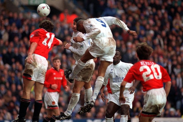 Brian Deane heads home  against Manchester United at Elland Road on Christmas Eve 1995. The Whites won 3-1.