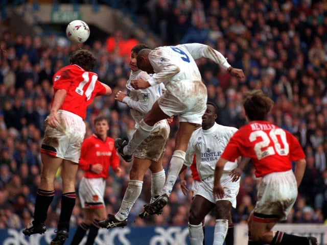 Brian Deane heads home against Manchester United at Elland Road on Christmas Eve 1995. The Whites won 3-1.