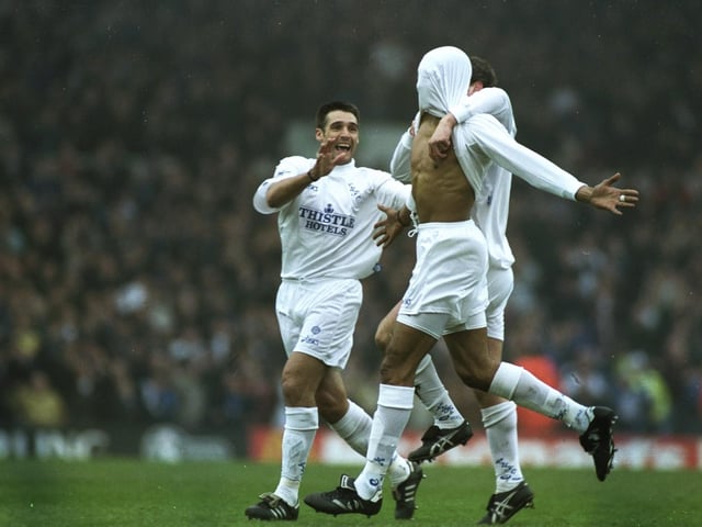Brian Deane celebrates with teammates after scoring against Everton during the Premiership clash at Elland Road in March 1996. The match ended in a 2-2 draw.