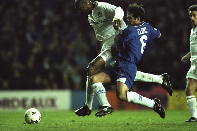 Brian Deane is tackled by Chelsea's Steve Clarke during the Premiership clash at Elland Road in December 1996. Leeds won 2-0.