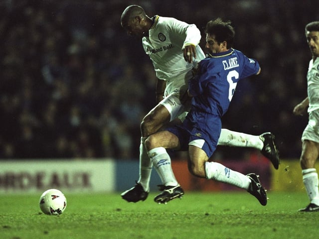 Brian Deane is tackled by Chelsea's Steve Clarke during the Premiership clash at Elland Road in December 1996. Leeds won 2-0.