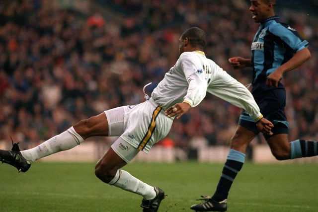 Brian Deane scores during Leeds United's Premiership clash with Coventy City at Elland Road on Boxing Day 1996. The Whites lost 3-1.