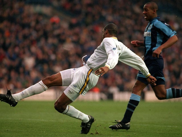 Brian Deane scores during Leeds United's Premiership clash with Coventy City at Elland Road on Boxing Day 1996. The Whites lost 3-1.