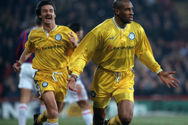Brian Deane celebrates scoring against Crystal Palace during the FA Ciup third round clash at Selhurst Park. The game finished 2-2.