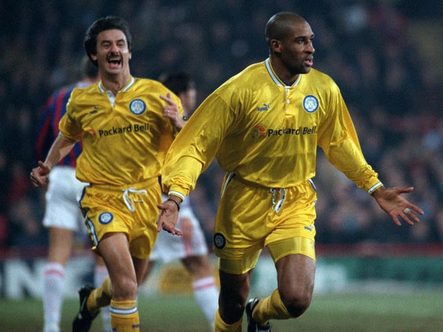 Brian Deane celebrates scoring against Crystal Palace during the FA Ciup third round clash at Selhurst Park. The game finished 2-2.