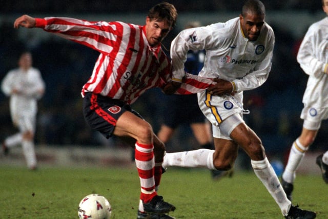 Brian Deane tries to get round Southampton's Claus Lundervam during the Premiership clash at Elland Road in March 1997. The game finished goalless.