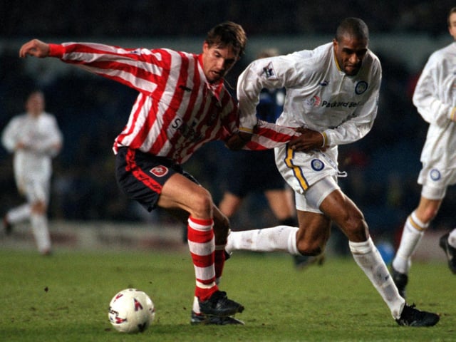 Brian Deane tries to get round Southampton's Claus Lundervam during the Premiership clash at Elland Road in March 1997. The game finished goalless.