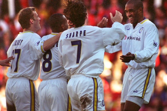 Brian Deane celebrates scoring against Middlesborough at Elland Road with teammates Derek Lilley, Rod Wallace and Lee Sharpe in May 1997. His equaliser relegated Boro from the Premier League.