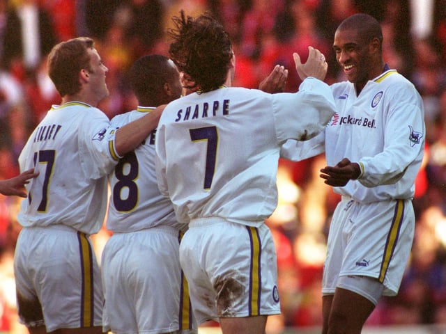 Brian Deane celebrates scoring against Middlesborough at Elland Road with teammates Derek Lilley, Rod Wallace and Lee Sharpe in May 1997. His equaliser relegated Boro from the Premier League.