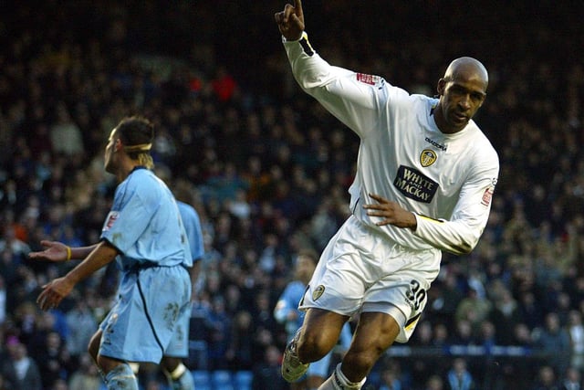 Brian Deane celebrates scoring one of his four goals during the Championship clash against Queens Park Rangers at Elland Road in November 2004. The Whites won 6-1.