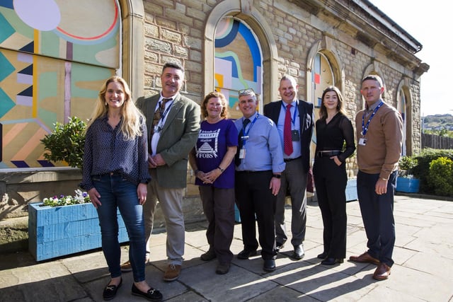 From the left, Batley and Spen MP Kim Leadbeater; Upper Batley High School assistant head teacher Nial Sherrard; Gwen Lowe, chairman of Friends of Batley Station; Northern communities manager Richard Isaac; Northern stakeholder manager Pete Myers; Amy Foster from Creative Scene; and station manager Dean Howard.