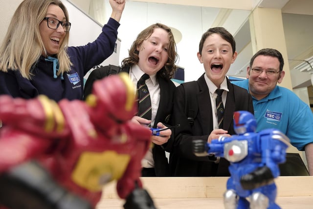 Scarborough Tec Robot wars ... staff Hayley Baker and Richard Uttley with Caedmon School pupils Alfie and Jamie..