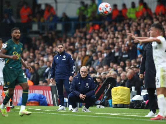 IN THE BANK: Whites head coach Marcelo Bielsa, centre, looks on as Leeds United finally record their first victory of the new season against Watford at Elland Road. Photo by Jan Kruger/Getty Images.