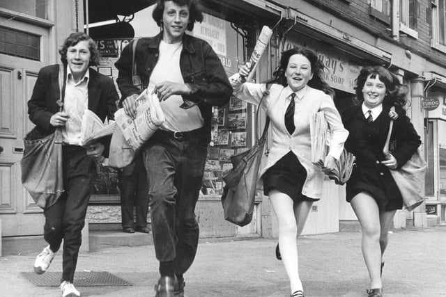 Newspaper vendors leaving Fred Gaines's shop at Cross Gates in June 1971 for their rounds. Pictured, from left, are Terence McQueenie, David Wainwright, Diana Oldroyd and Gillian Brammer.