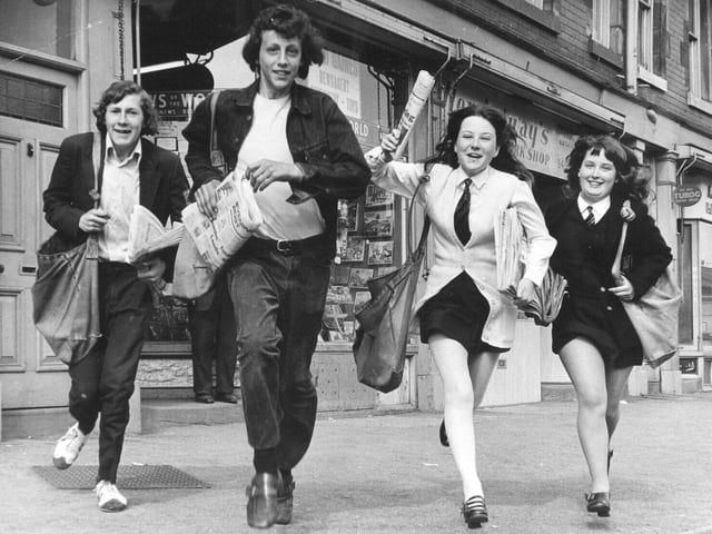 Newspaper vendors leaving Fred Gaines's shop in June 1971 for their rounds. Pictured, from left, are Terence McQueenie, David Wainwright, Diana Oldroyd and Gillian Brammer.