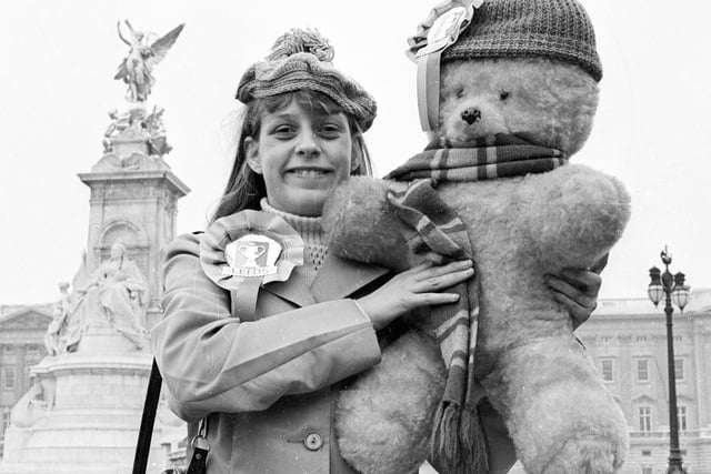 A Leeds RL supporter pictured outside Buckingham Palace in May 1971 ahead of the Challenge Cup Final. Leeds were beaten 24-7 in the final by Leigh.